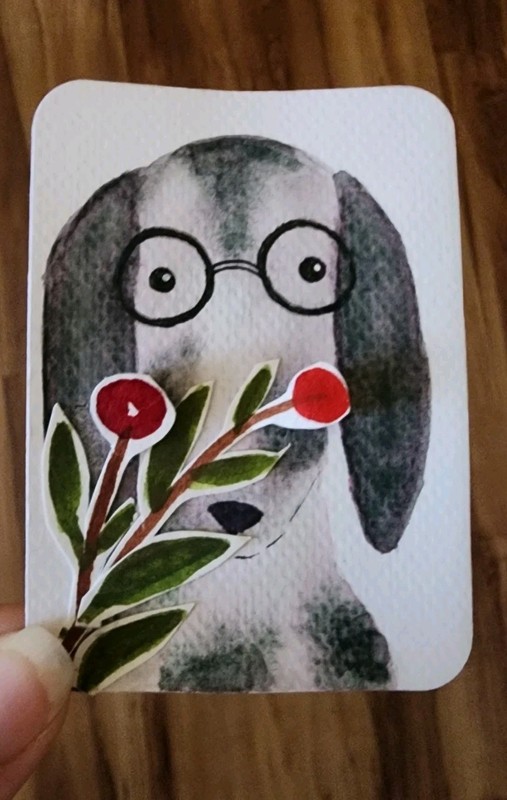 ACEO ORIGINAL WATERCOLOR ART DOG 3D Flowers gallery
