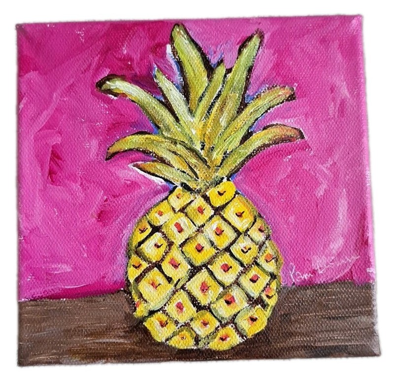 Pineapple «Hawaii Gold» Fruit- Original Acrylic Painting 6×6″ Wall Shelf Art