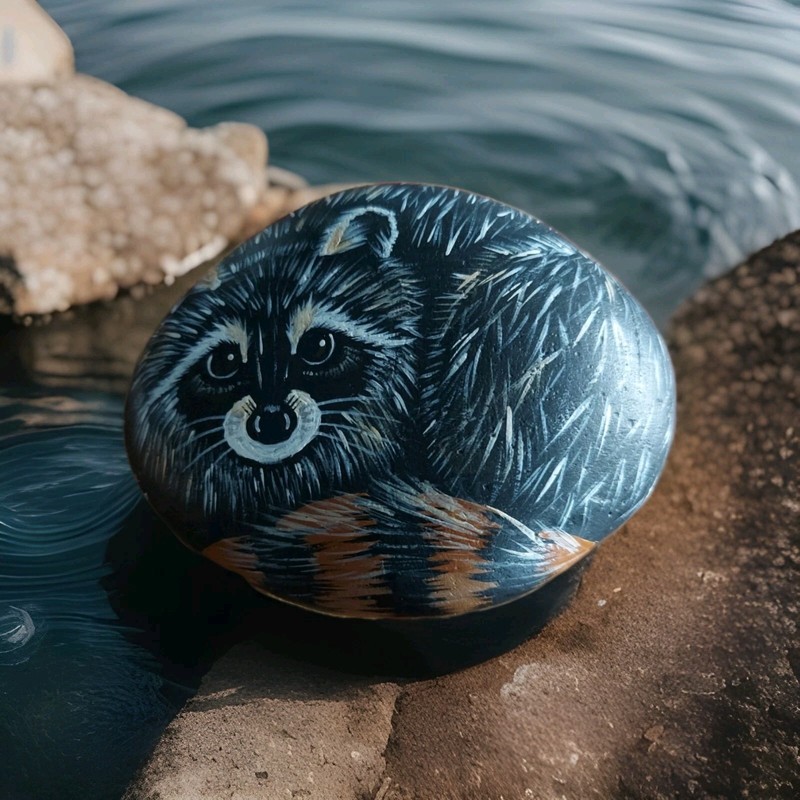 Raccoon Artist Signed Painted Rock Wildlife animal