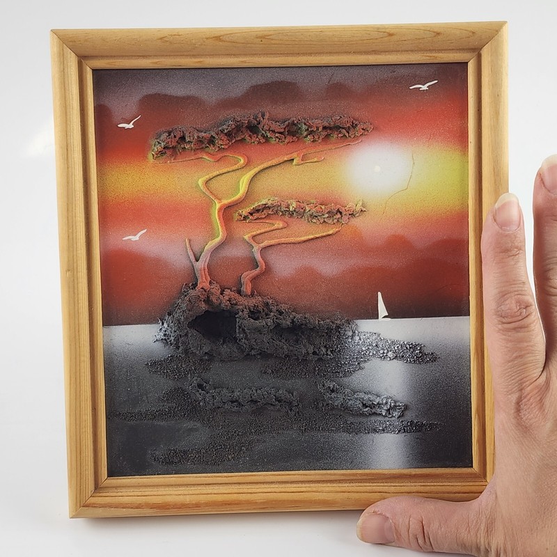 Convex spray acrylic clay sand seascape mid-century orange small painting gallery