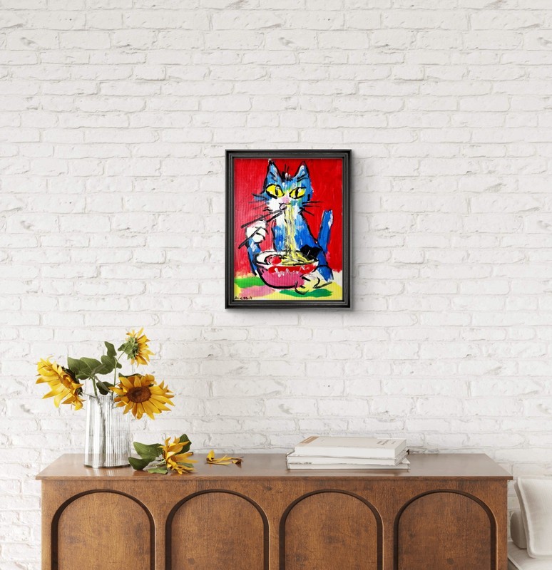 Original Cat Eating Ramen Painting Abstract Expressionist Canvas 11x14 Wall Art gallery
