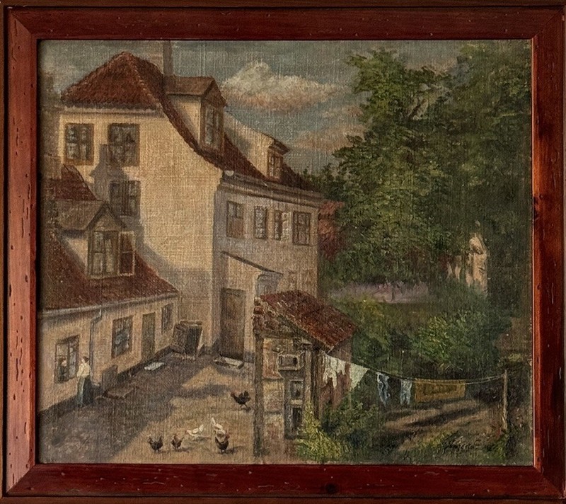 CAPTIVATING OLD ANTIQUE FOLK ART LANDSCAPE HOUSE IMPRESSIONIST OIL PAINTING 1918