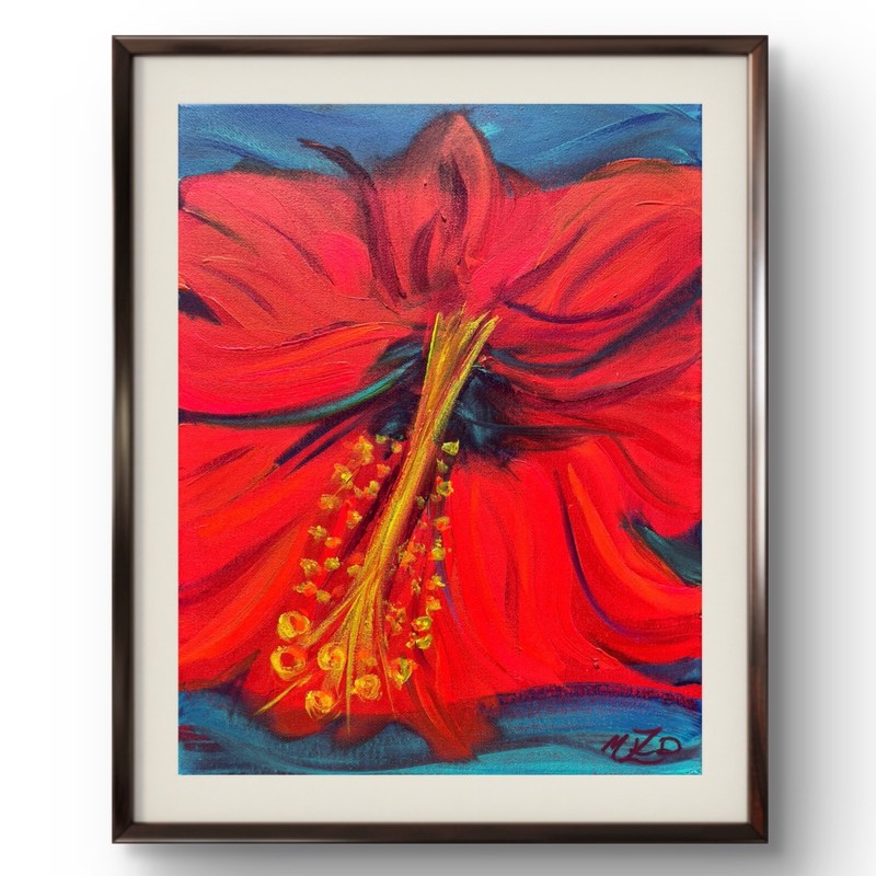 Original Colorful and Bold Red Hibiscus Flower Signed by Artist Wall Art Decor
