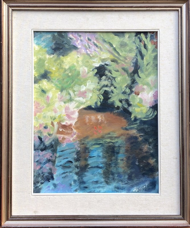 UNBEKANNTER MALER LANDSCHAFT SEE BLUMEN PFLANZEN ÖLBILD EXPRESSIV MODERNE KUNST