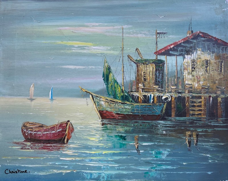 Impressionist Small Port With Fishing Boats IN Evening Light Oil Painting