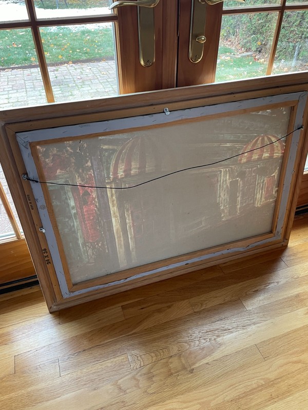 Vintage signed W James real oil painting with wood frame restaurant exterior gallery