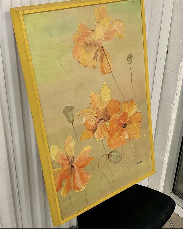 VINTAGE ORANGE POPPY FLOWER FIORAL OIL PAINTING FRAMED SIGNED LINDER MCM gallery