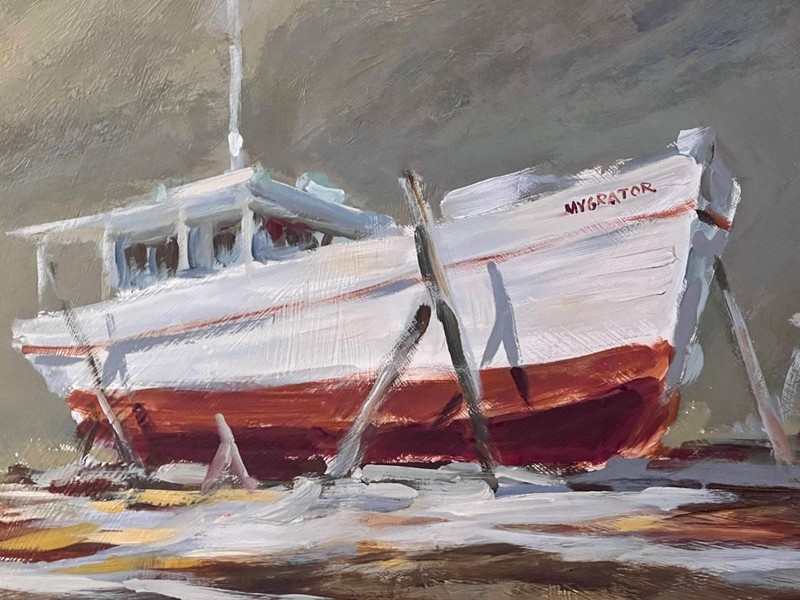 Vintage American Nautical Art Landscape Boat Ship on Stands Oil Painting Framed