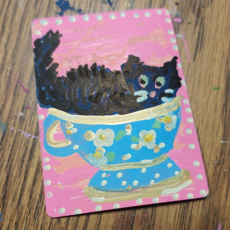 ACEO by Emily Meinert miniature black cat in teacup painting folk art cartoon