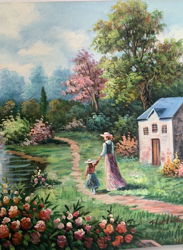 Original W. Hodges Oil Painting Colorful Flowers Country Home Water Bridge Trees gallery