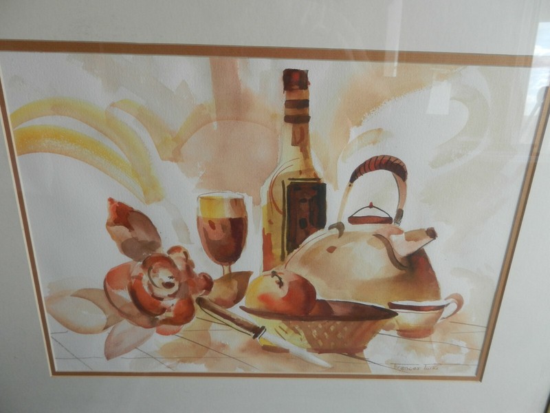 Kitchen Wine Bottle, Fruit Watercolor Painting by Frances Parks Framed & Matted gallery