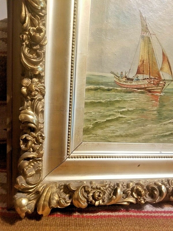 BEAUTIFUL 1800s O/C PAINTING FISHING SAIL BOAT IN STUNNING GOLD LEAF FRAME gallery