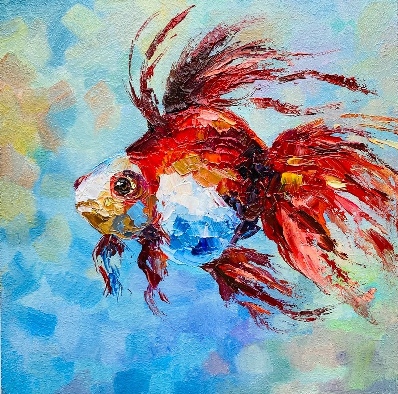 original oil painting Fish Art Gold Fish painting Red Fish art sea fish artwork gallery