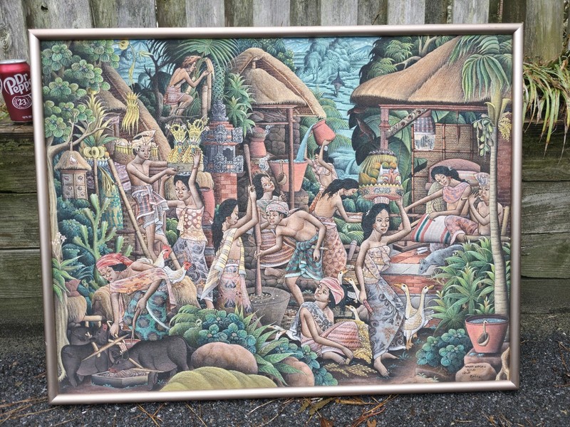 Iwayan Warsa Kutuh Ubud Bali Indonesian Orig Signed Oil Balinese Village Scene