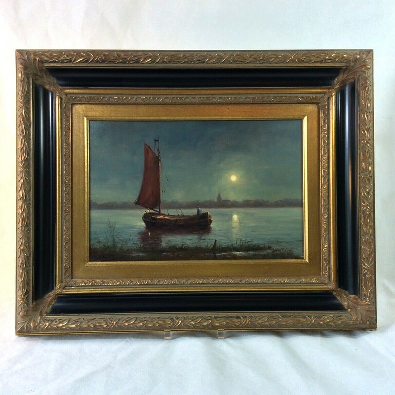 SIMON BALYON OIL PAINTING FRAMED MOONLIGHT OVER THE RIVER MAAS 10″X15″ SIGNED
