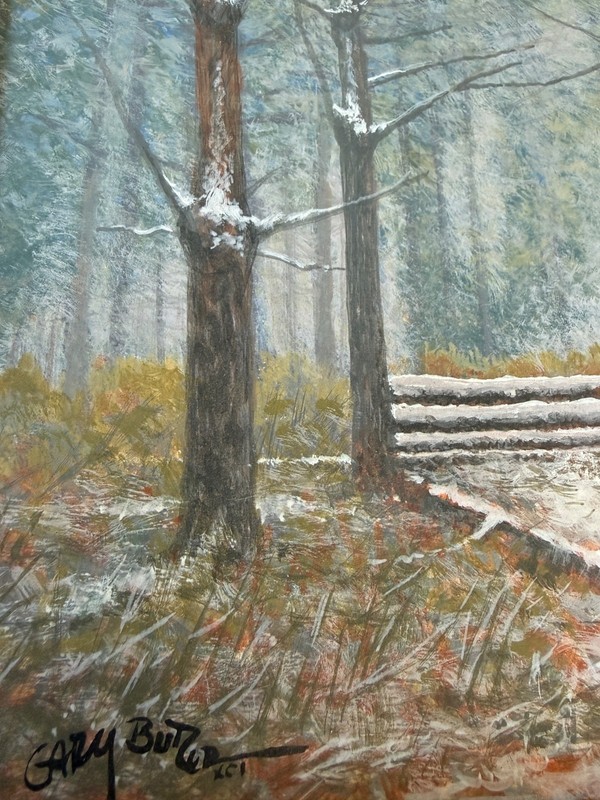 Gary Butler Signed 2001 Winter Landscape Painting Acrylic on Board Framed Quincy gallery