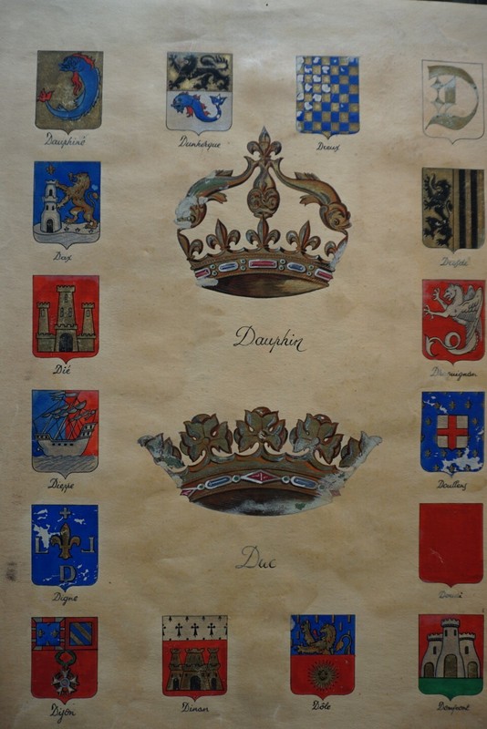LARGE DRAWING GOUACHE 19TH CENTURY COAT OF ARMS CITY FRANCE DIJON DUNKERQUE D... gallery
