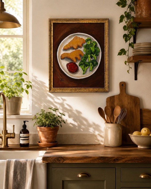 Dinosaur Chicken Nuggets Original Still Life Painting Framed 11x14 gallery