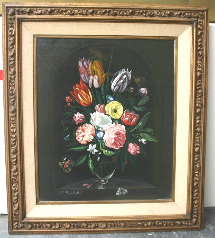 VAN F. BALEN European Flowers in the Vase Oil On Canvas Very Fine Painting