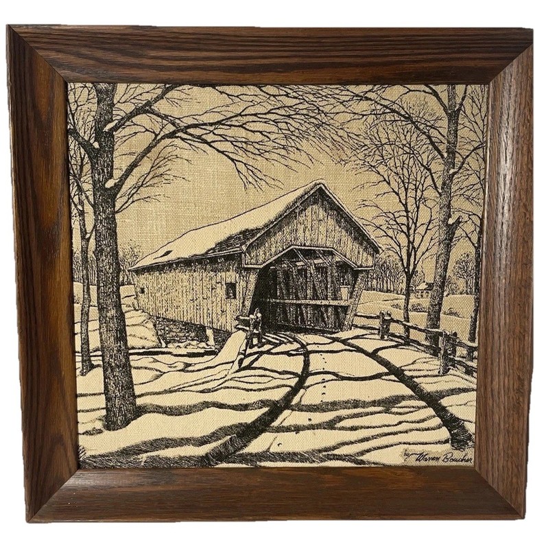 Warren Boucher Covered Bridge Winter Burlap Linen Framed Hand Painted 16” Print