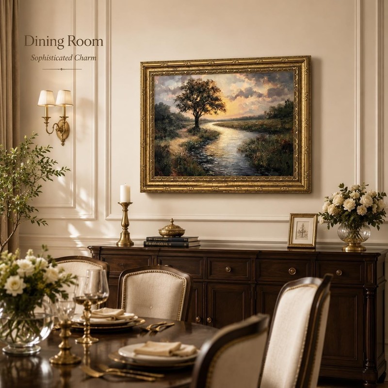Gold Framed Canvas Wall Art, Serene River Tree Sunset Landscape Painting, Cla... gallery