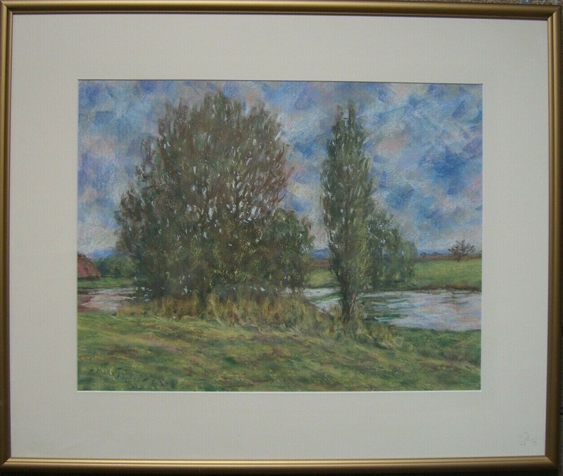 Boris Philipp Weiher Poplars by the River Green Summer Water Blue Sky Antique