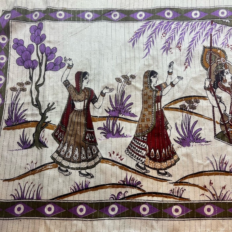 VINTAGE KISHANGARH SWINGING RADHA KRISHNA 45″X 18″ Screen Print INDIAN REGION