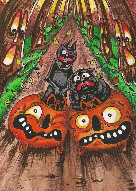 5×7 HALLOWEEN PRINT OF PAINTING RYTA FOLK PUMPKIN BLACK CAT TRICK OR TREAT Art