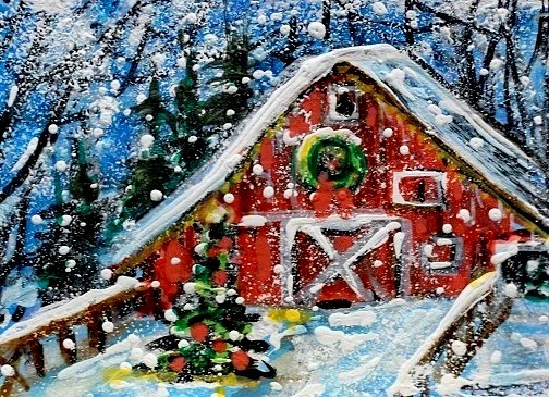ACEO Original Winter XMAS BARN Farm Trees PAINTING Snow Country Landscape ART