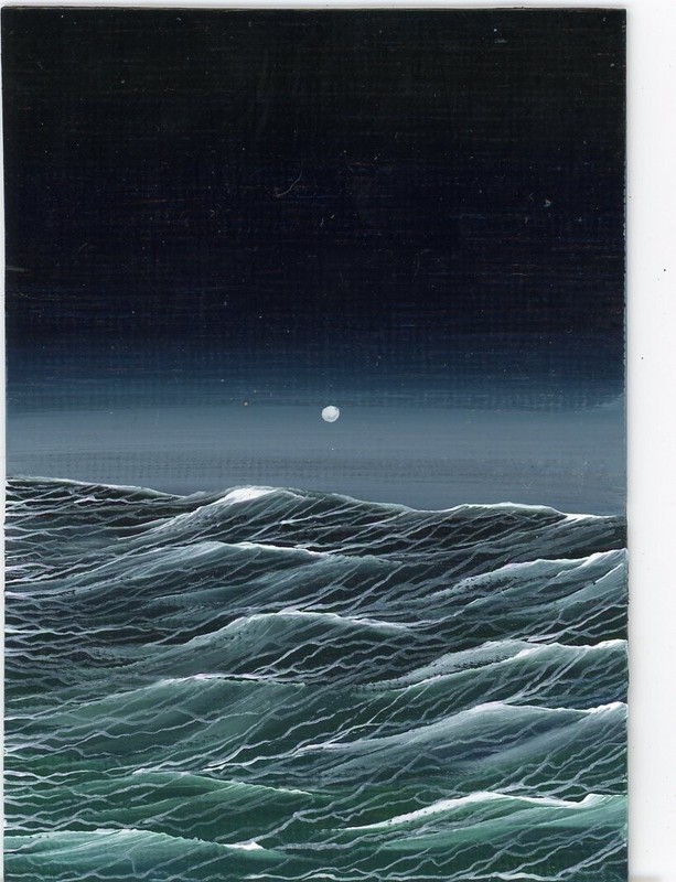 ACEO Original Acrylic Ocean Choppy Waves Seascape Moon Miniature Painting HYMES