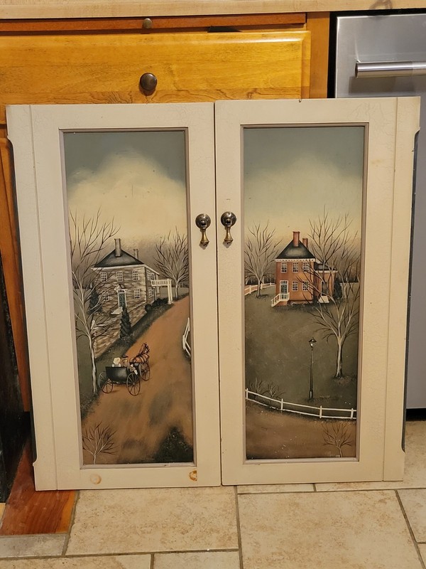 2 Cabinet Doors Artwork Folk Art Hand Painted Country Scene