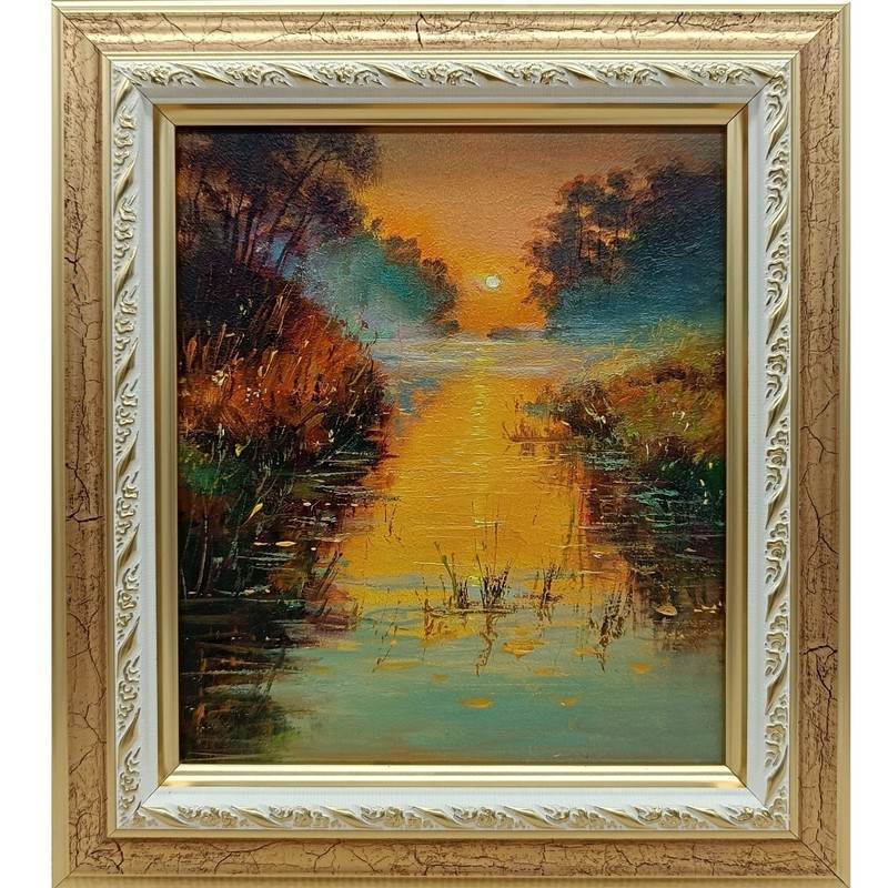 Original Oil Painting Forest Landscape with River 6×5 in Signed Framed