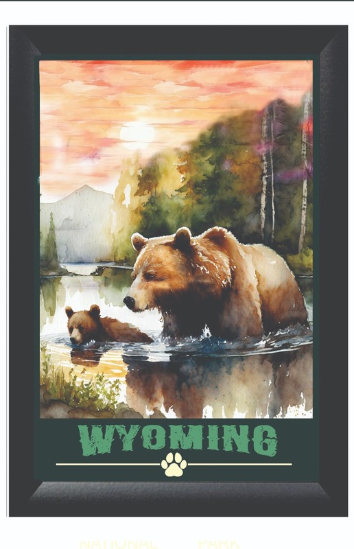WYOMING Grizzly Bear Art Wild Life Wilderness Scene Travel Poster Prints