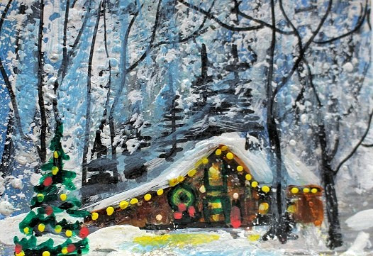 ACEO Original PAINTING Winter XMAS HOUSE Cabin Trees Snow Holiday Landscape ART