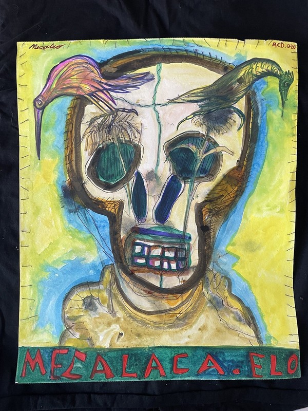 Mexican Folk Art David Mecalco Skull With Restless Birds Still Life Watercolor