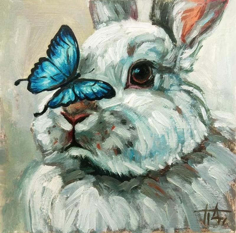 Original Oil Painting Rabbit and Butterfly 6×6 inches Animal Portrait
