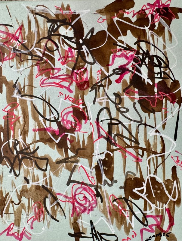 Abstract acrylic painting OOOK original art on mat board 8 x 10″