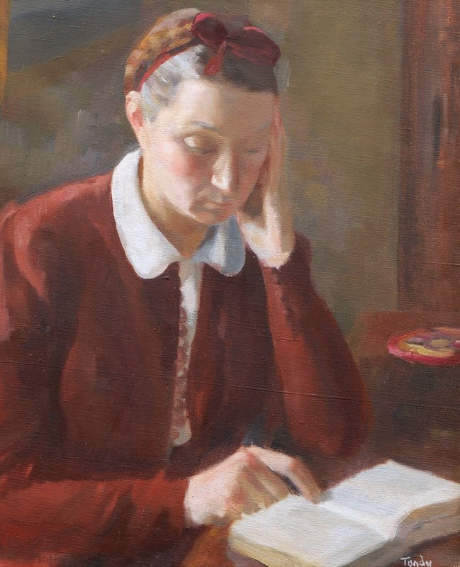 French Oil Painting Framed Portrait Woman Reading Book Bianca andré albert tondu