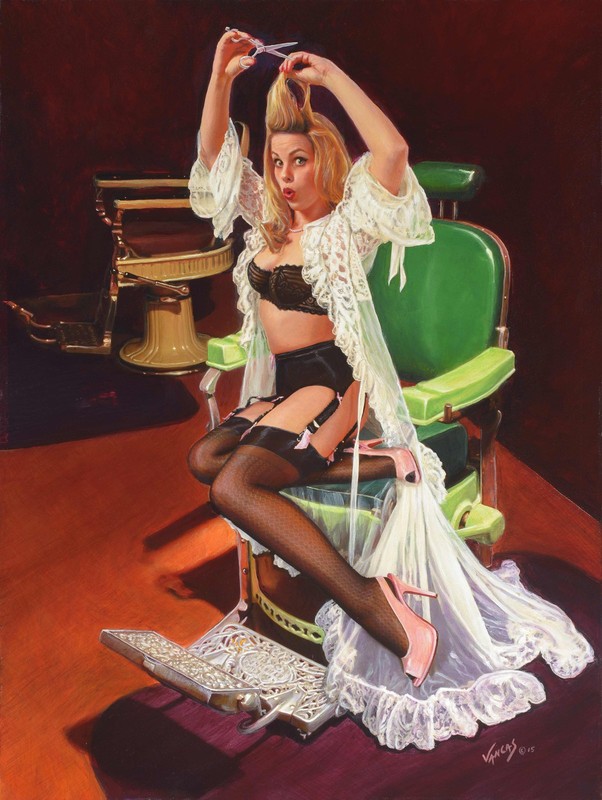 Vintage BARBER CHAIR Shop PINUP Sheer Delight VANCAS GIRL Pin-Up Elvgren 26×18