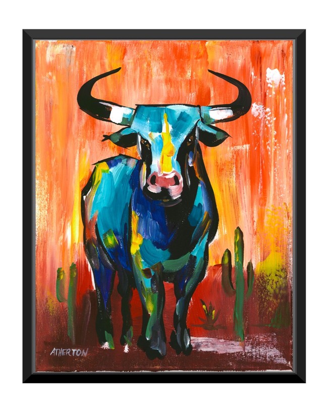 11×14 Original Longhorn Bull Painting on Canvas Southwestern Western Art by Jim