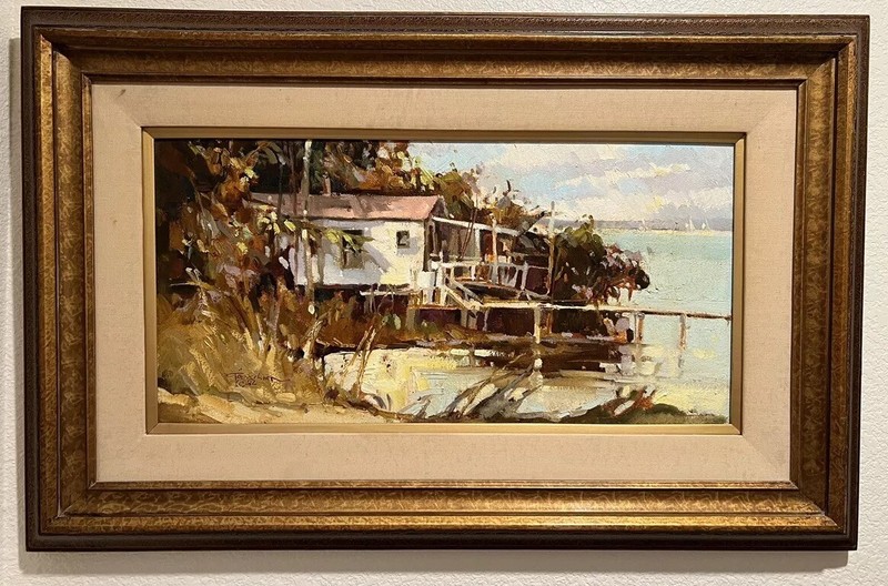 TED GOERSCHNER ORIGINAL OIL PAINTING “Lakeside Camp”- 33×21”