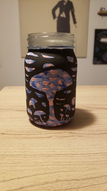 Original acrylic hand painted glass jar blue, pink and black storage container