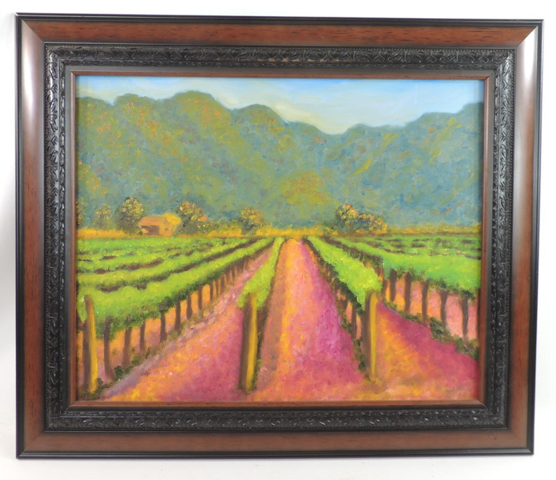Original Painting Springtime Vineyard in the Foothills Brilliant Colors Framed