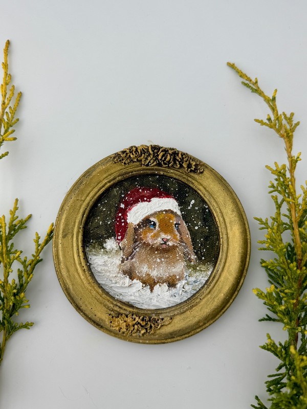 Small oil painting | Vintage Christmas Bunny | Round ribbon frame | unique gift gallery