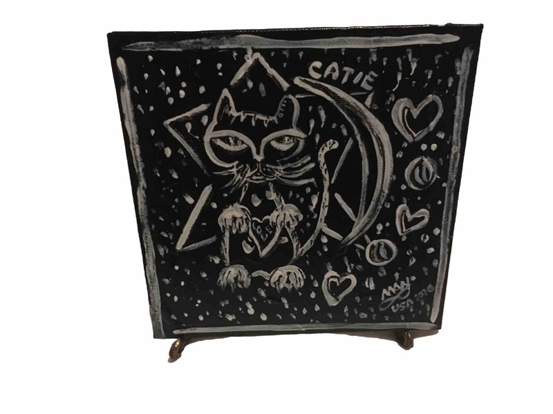 🇺🇸 “Kitty Catie” Acrylic On Canvas & Handmade Easel, Original By MAW