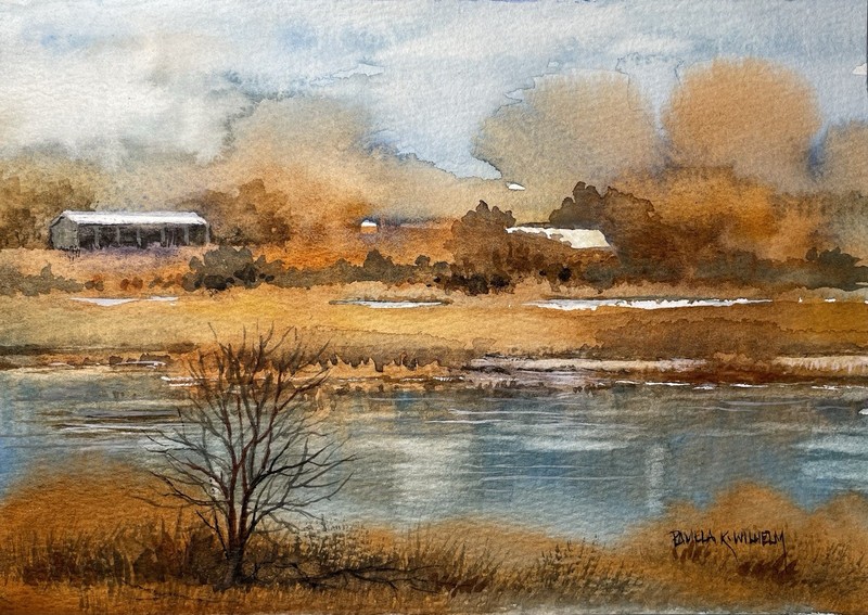 Pamela Wilhelm original 6”x8” Watercolor Autumn River Pond Horse Barn Trees