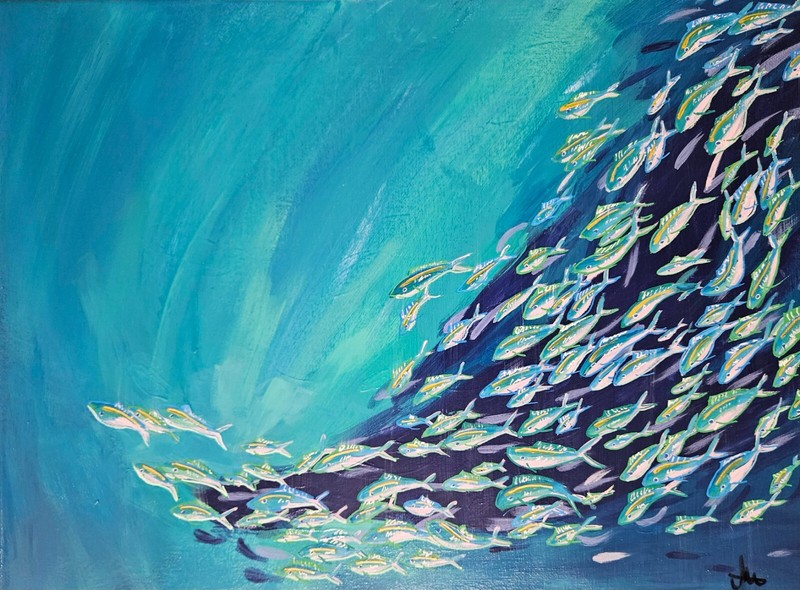 Hand Painted Original 12x 16Inch Canvas beautiful School of fish wall art