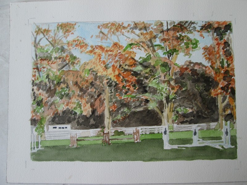 CT, COLEBROOK, FALL AT RIGA MEADOW STABLES / ORIG W/C / 14" X 10"/ MIMI DAVIS gallery