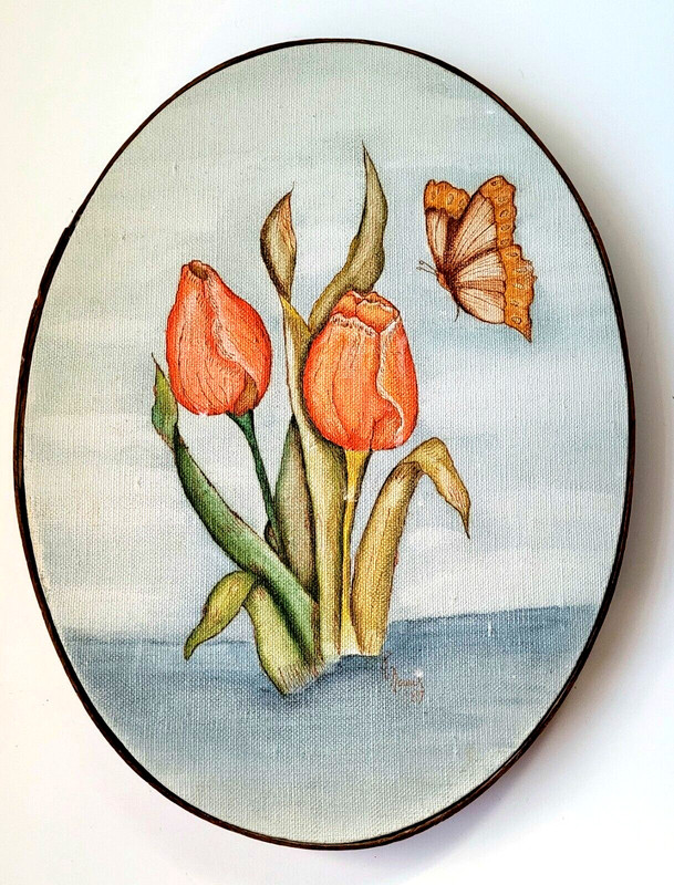 Spring Flower Tulips Butterfly Original Painting Acrylic Oval Wall Art