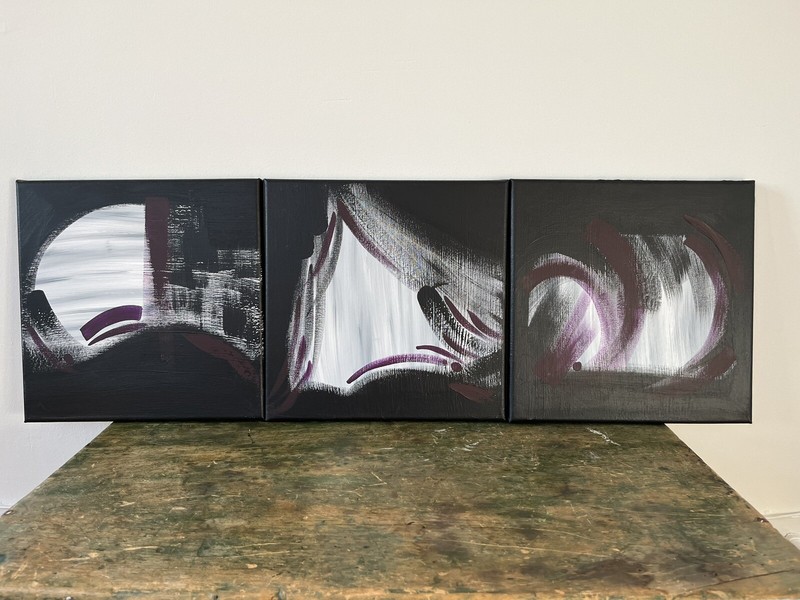 There’s A Bad Moon On The Rise Black, White & Eggplant Original Acrylic Tryptich